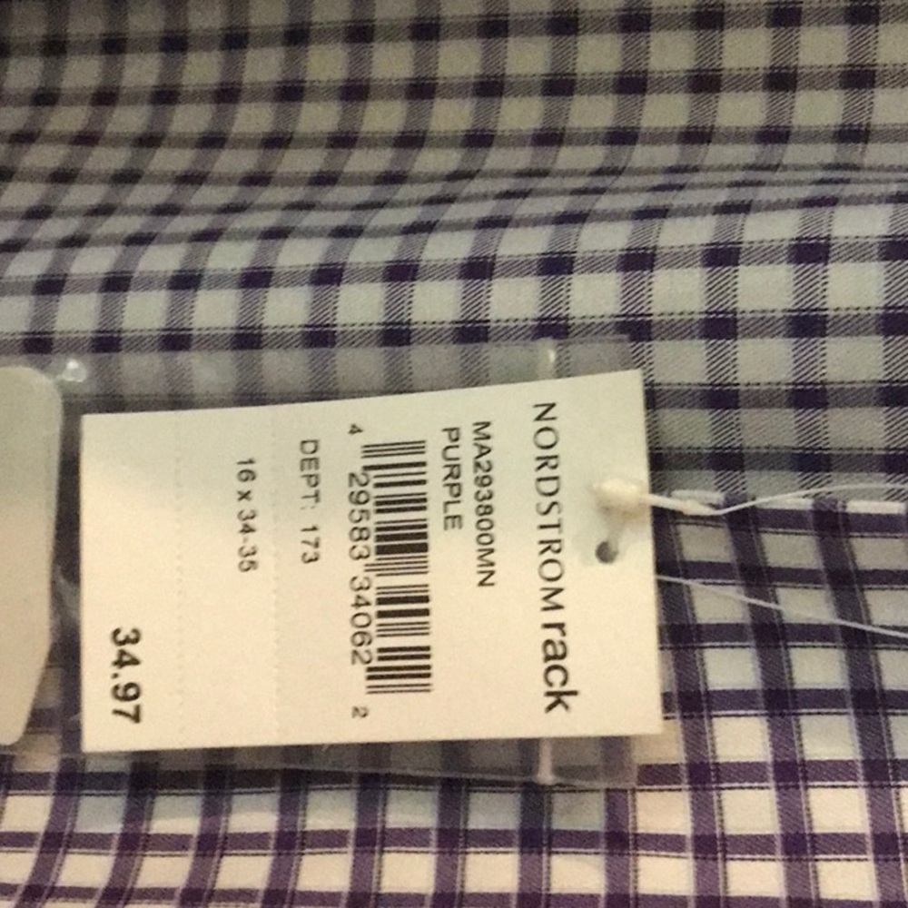 Nordstrom Rack new purple and white Men’s check shirt trim fit size 16 34/35 - Picture 3 of 6